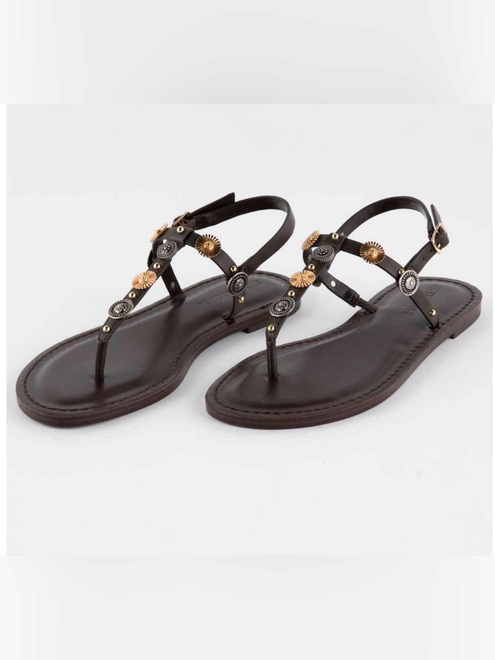 Steve Madden Dark Brown Leather Floral Medallion T-Strap Sandals